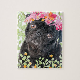 Adorable pug with watercolor flowers jigsaw puzzle