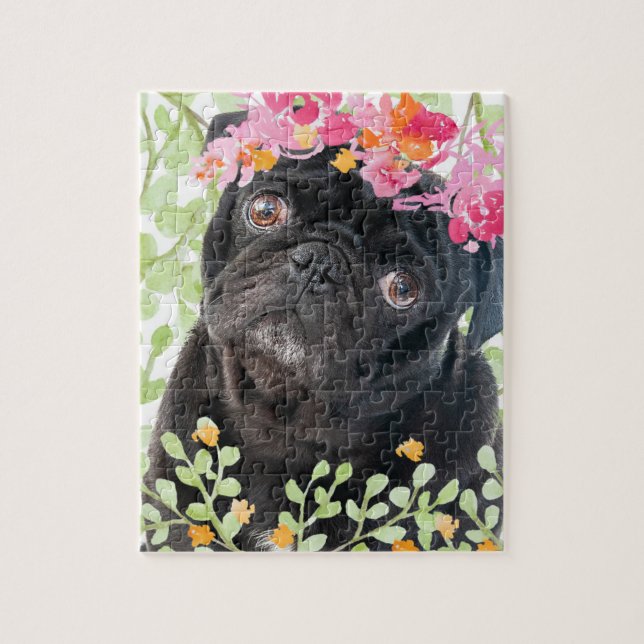 Adorable pug with watercolor flowers jigsaw puzzle (Vertical)