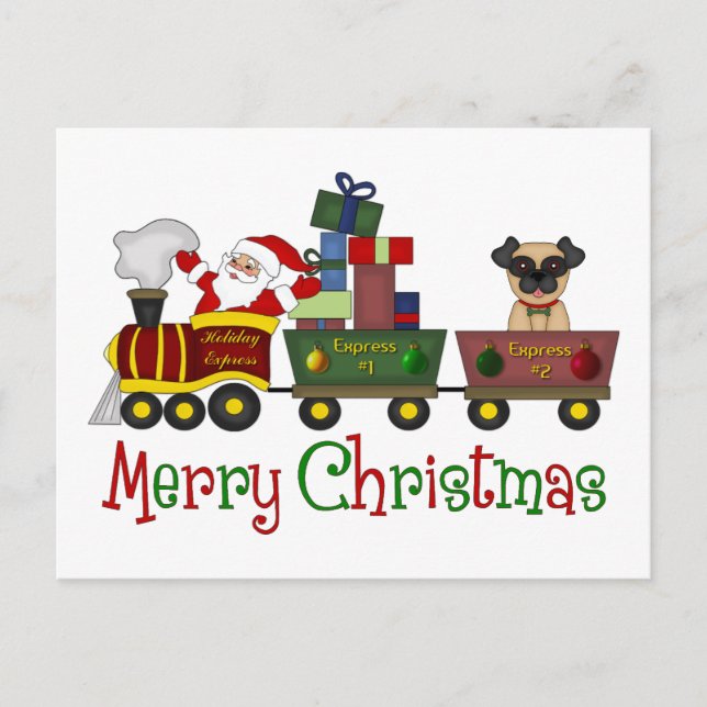 Adorable Pugs and Santa in Toy Train Tees, Gifts Holiday Postcard (Front)