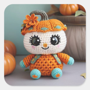Adorable Pumpkin Crocheted Doll: Amigurumi Pastel Square Sticker