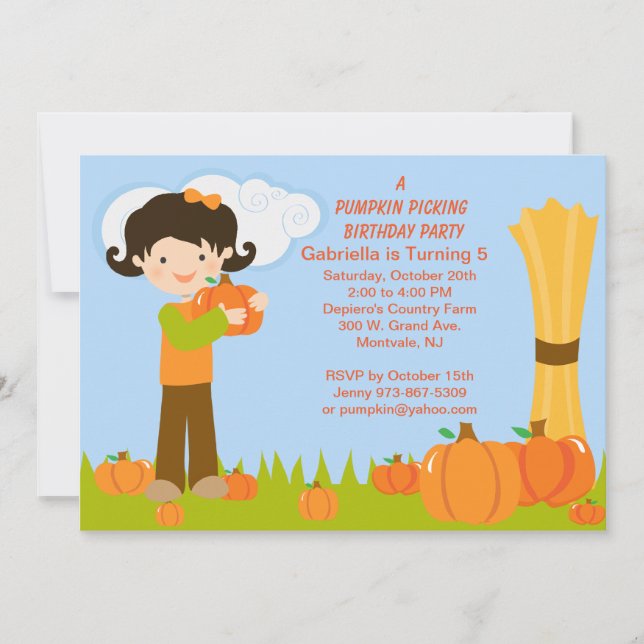 Adorable Pumpkin Picking Birthday Party Invitation (Front)