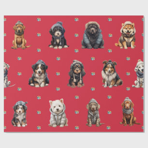 Adorable Puppies 4 Christmas Holiday on Red Wrapping Paper