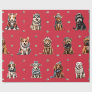 Adorable Puppies 5 Christmas Holiday on Red Wrapping Paper