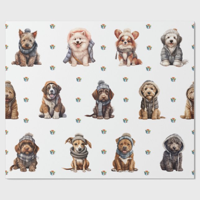 Adorable Puppies 6 Christmas Holiday on White Wrapping Paper (Flat)