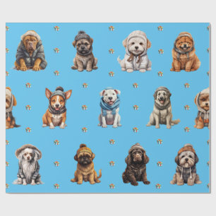 Adorable Puppies 7 Christmas Holiday on Blue Wrapping Paper