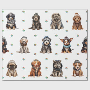 Adorable Puppies 8 Christmas Holiday on White Wrapping Paper