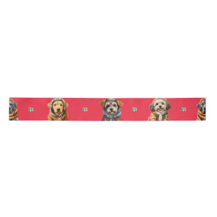 Adorable Puppies Christmas Holiday on Red Satin Ribbon