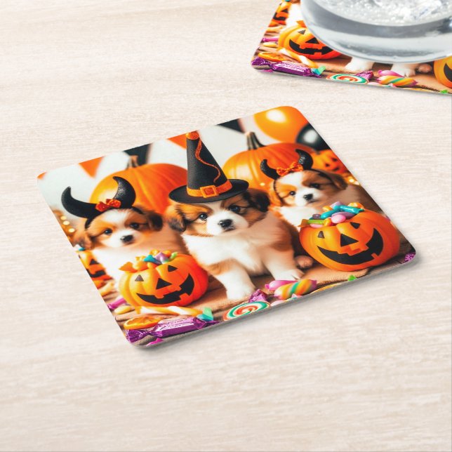 Adorable puppies halloween  square paper coaster (Angled)
