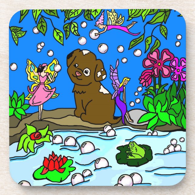 Adorable Puppy And Faeries Coaster (Front)