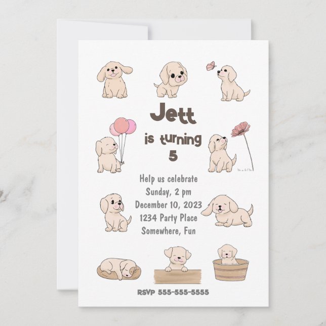 Adorable Puppy Birthday Party, Personalizable Invitation (Front)