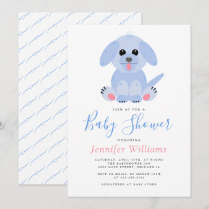 Adorable Puppy Blue Personalised Baby Boy Shower Invitation