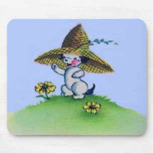 adorable puppy dog wearing big straw hat mouse mat