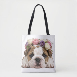 ADORABLE PUPPY ENGLISH BULLDOF FLORAL TOTE BAG