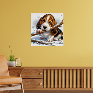 Adorable Puppy Holding a Snowy Stick Poster