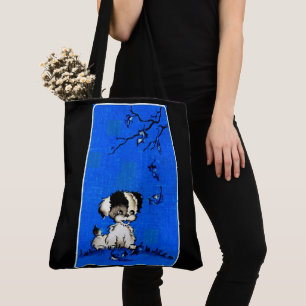 adorable puppy in autumn print tote bag