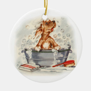 Adorable puppy in bath ceramic tree decoration