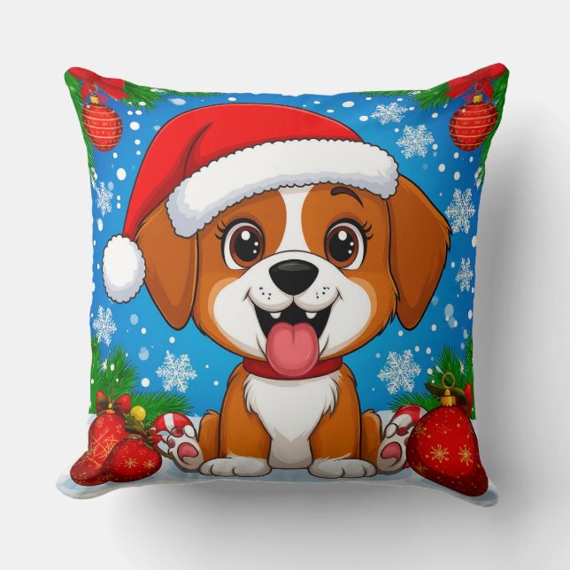 Adorable Puppy in Santa Hat With Christmas Gifts Cushion (Front)