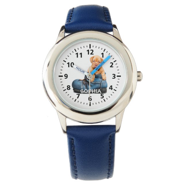 Adorable Puppy in Shoe Personalised Child's Watch (Front)