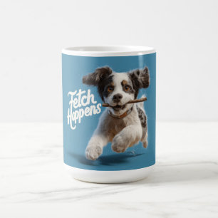 Adorable Puppy Mid-Air Running with a Stick Coffee Mug