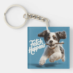 Adorable Puppy Mid-Air Running with a Stick Key Ring