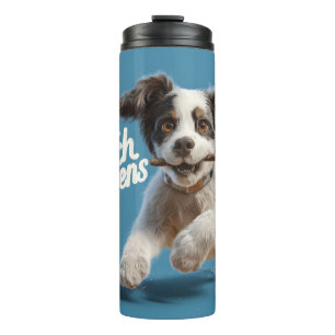 Adorable Puppy Mid-Air Running with a Stick Thermal Tumbler