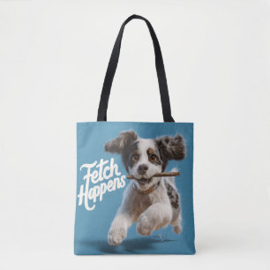 Adorable Puppy Mid-Air Running with a Stick Tote Bag