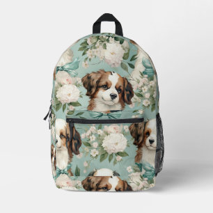 Adorable Puppy on Sage Green Background Printed Backpack