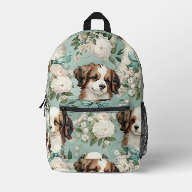 Adorable Puppy on Sage Green Background Printed Backpack (Front)