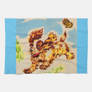 adorable puppy on the run tea towel