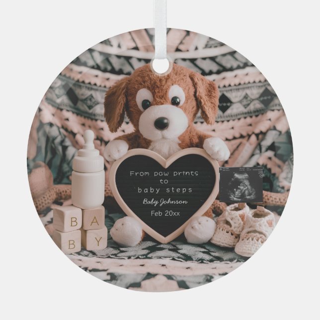 Adorable puppy plushy pregnancy announcement  glass tree decoration (Front)