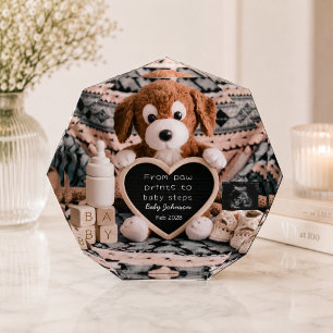 Adorable puppy plushy pregnancy announcement photo block