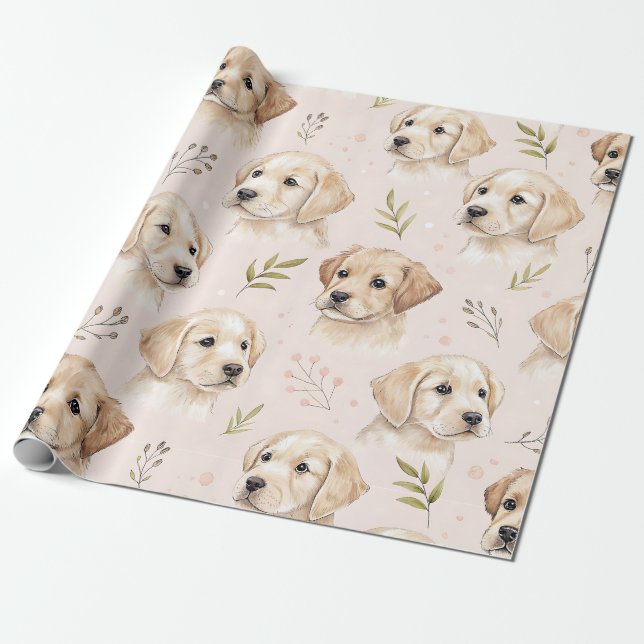 Adorable Puppy Watercolor Pattern (2) Wrapping Paper (Unrolled)