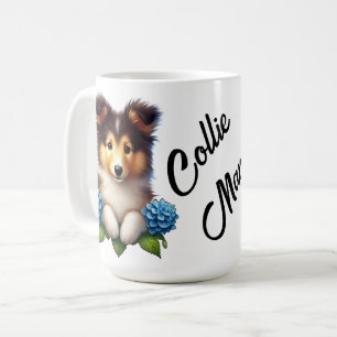 Adorable Puppy with Blue Flowers Collie Mama Coffee Mug