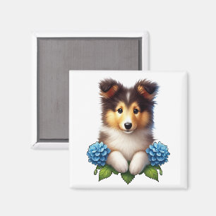 Adorable Puppy with Blue Flowers  Magnet