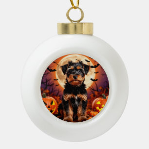 Adorable Puppy with Halloween Background Ceramic Ball Christmas Ornament
