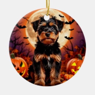 Adorable Puppy with Halloween Background Ceramic Tree Decoration