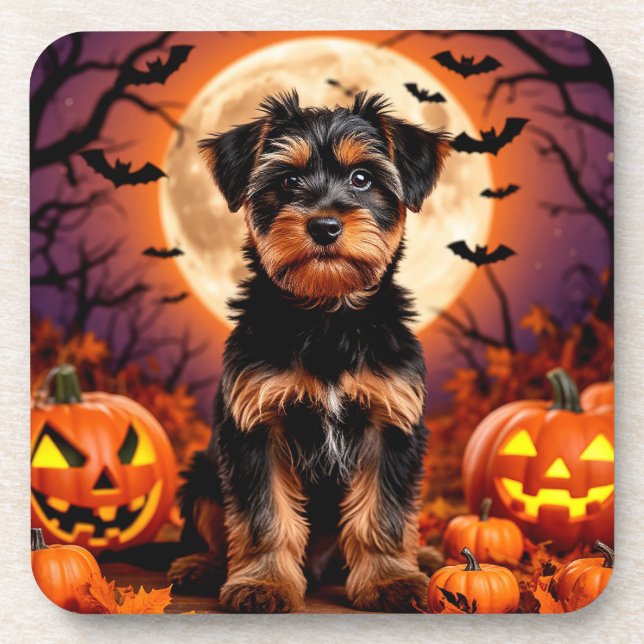 Adorable Puppy with Halloween Background Coaster (Front)