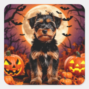 Adorable Puppy with Halloween Background Square Sticker