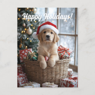 Adorable Puppy with Santa Hat in Basket  Holiday Postcard
