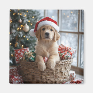 Adorable Puppy with Santa Hat in Basket Magnet