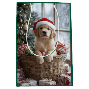 Adorable Puppy with Santa Hat in Basket Medium Gift Bag