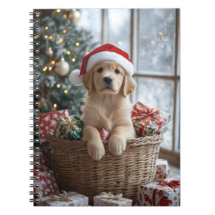 Adorable Puppy with Santa Hat in Basket Notebook