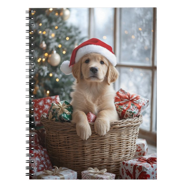 Adorable Puppy with Santa Hat in Basket  Notebook (Front)