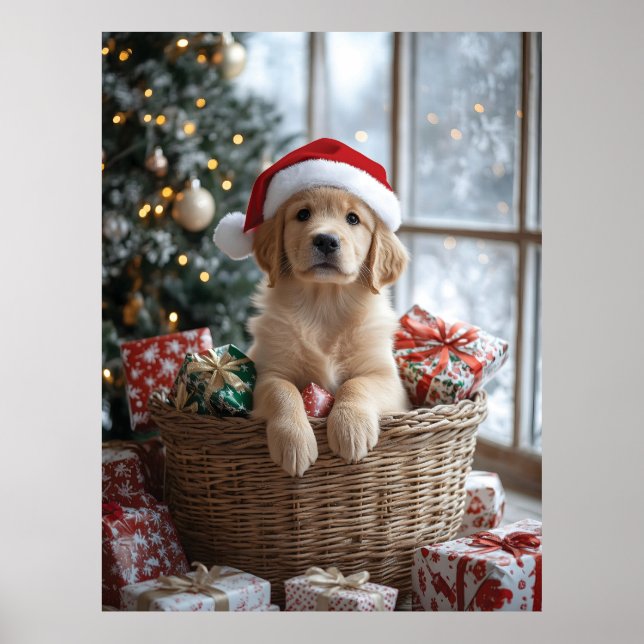 Adorable Puppy with Santa Hat in Basket  Poster (Front)
