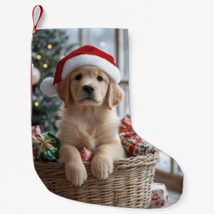 Adorable Puppy with Santa Hat in Basket  Small Christmas Stocking