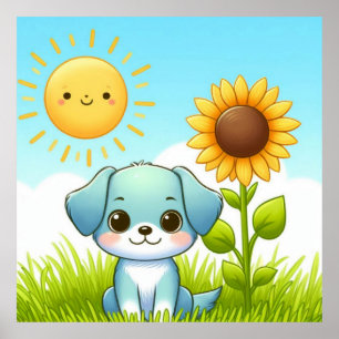 Adorable Puppy with Sunflower and Smiling Sun Poster