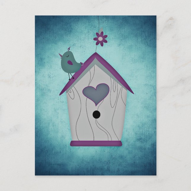 Adorable Purple Birdhouse and Flower Postcard (Front)