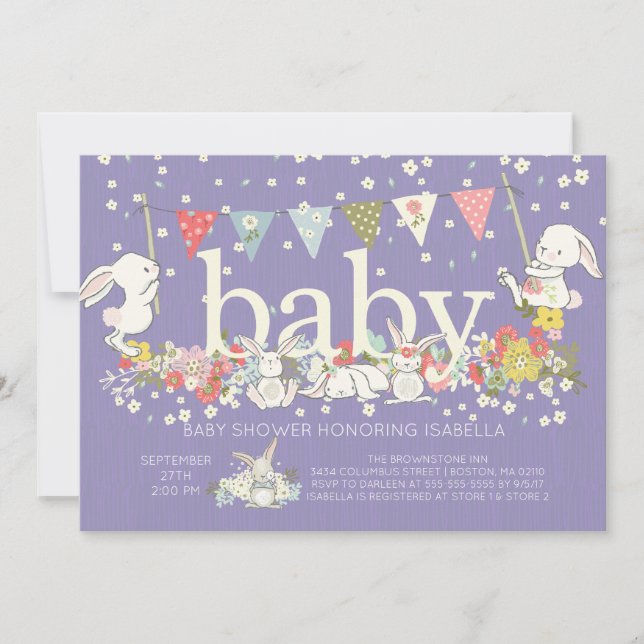 Adorable Purple Bunny Girls Baby shower Invitation (Front)