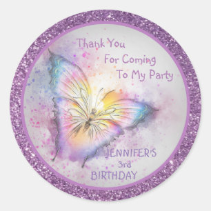 Adorable Purple Butterfly Thank You Girl Birthday Classic Round Sticker