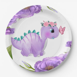 Adorable Purple Dinosaur Floral Baby Shower Paper Plate